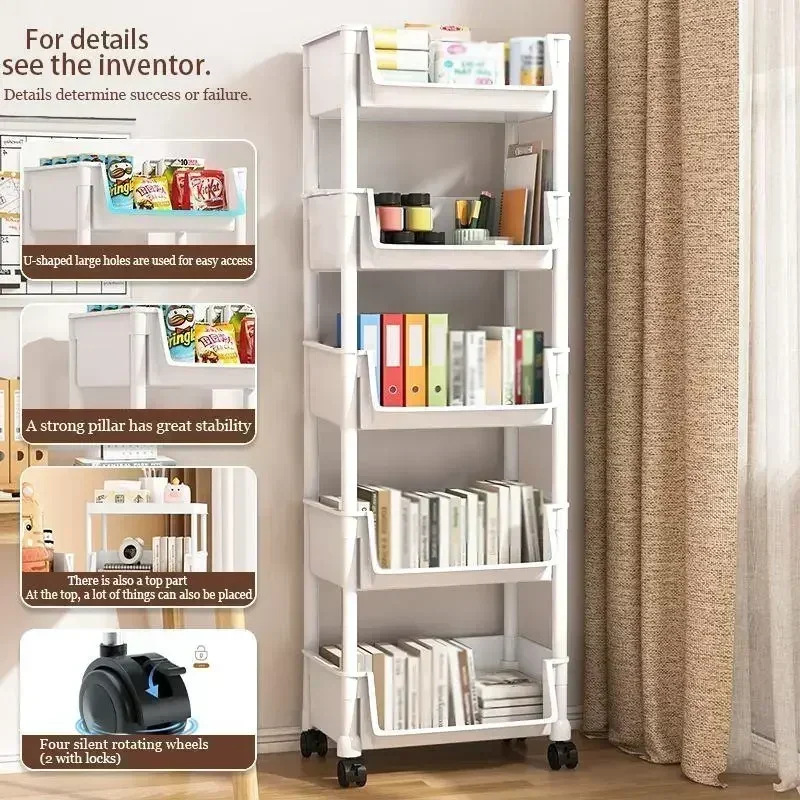 Book Cart Rolling - 5-stufiger Rollwagen mit Rädern, mobiler Kunststoff-Organizer,