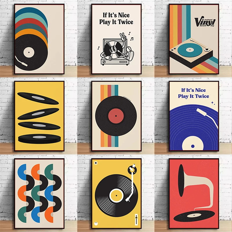 Office Furniture Used - Mid-Century Vinyl-Schallplatten-Leinwand-Wandkunstdruck, ungerahmtes minimalistisches Musik-Pastell-Poster für